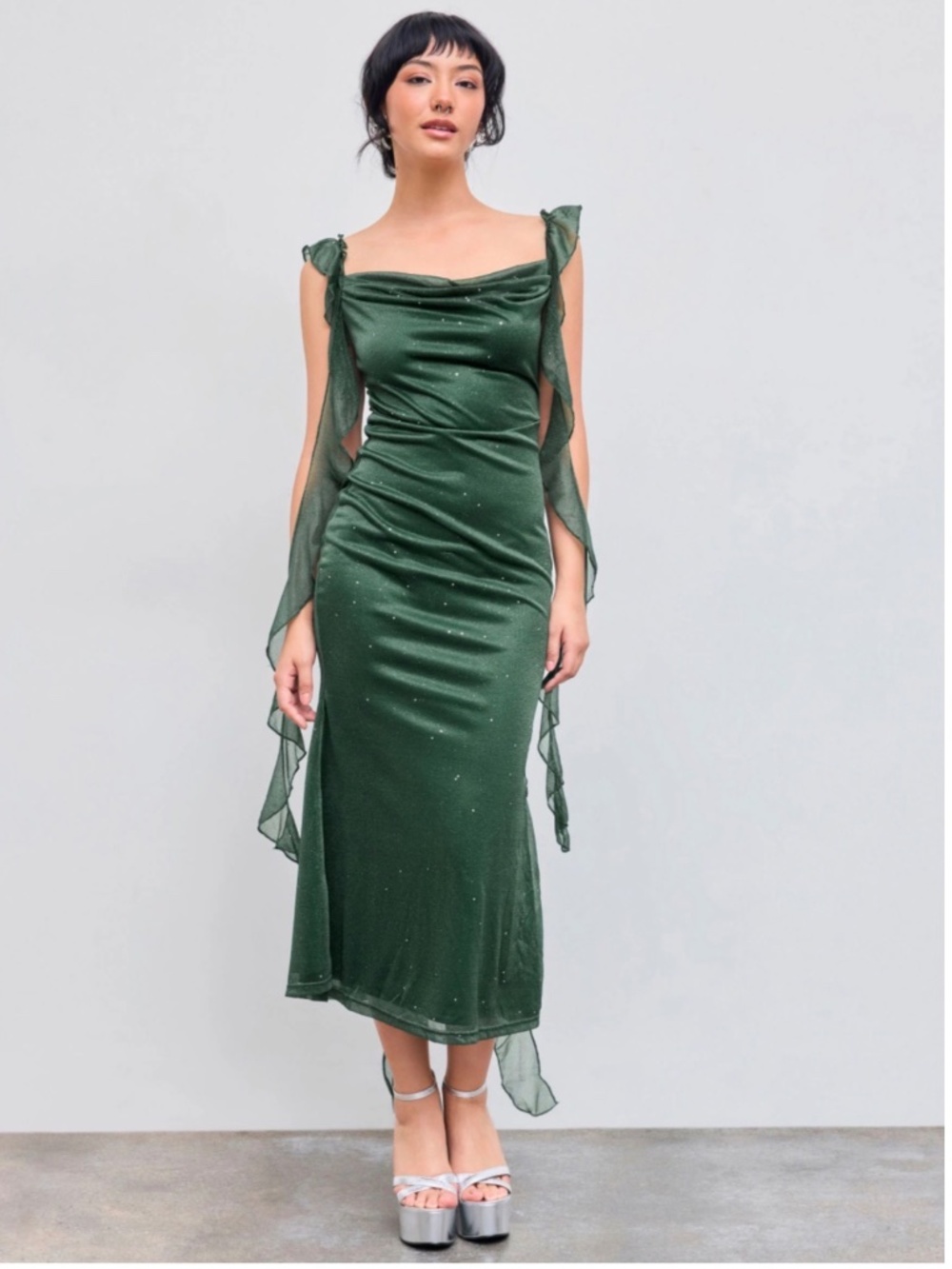 NWT COWL NECK SOLID GLITTER RUFFLE HEM MAXI DRESS GREEN S